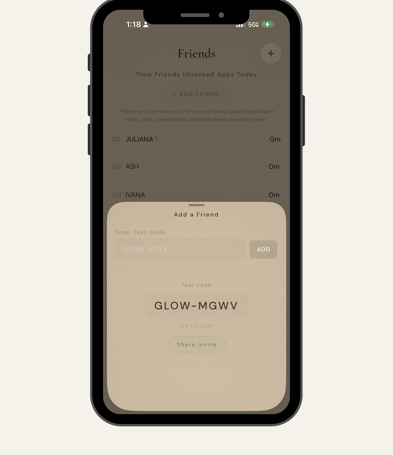 Glowlock friends screen for sharing unlock time with people you choose