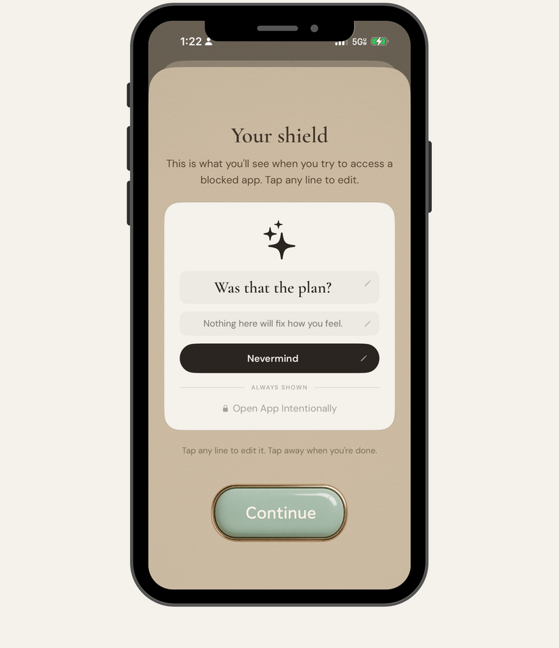 Glowlock shield screen shown when you open a blocked app, with an option to open the app intentionally