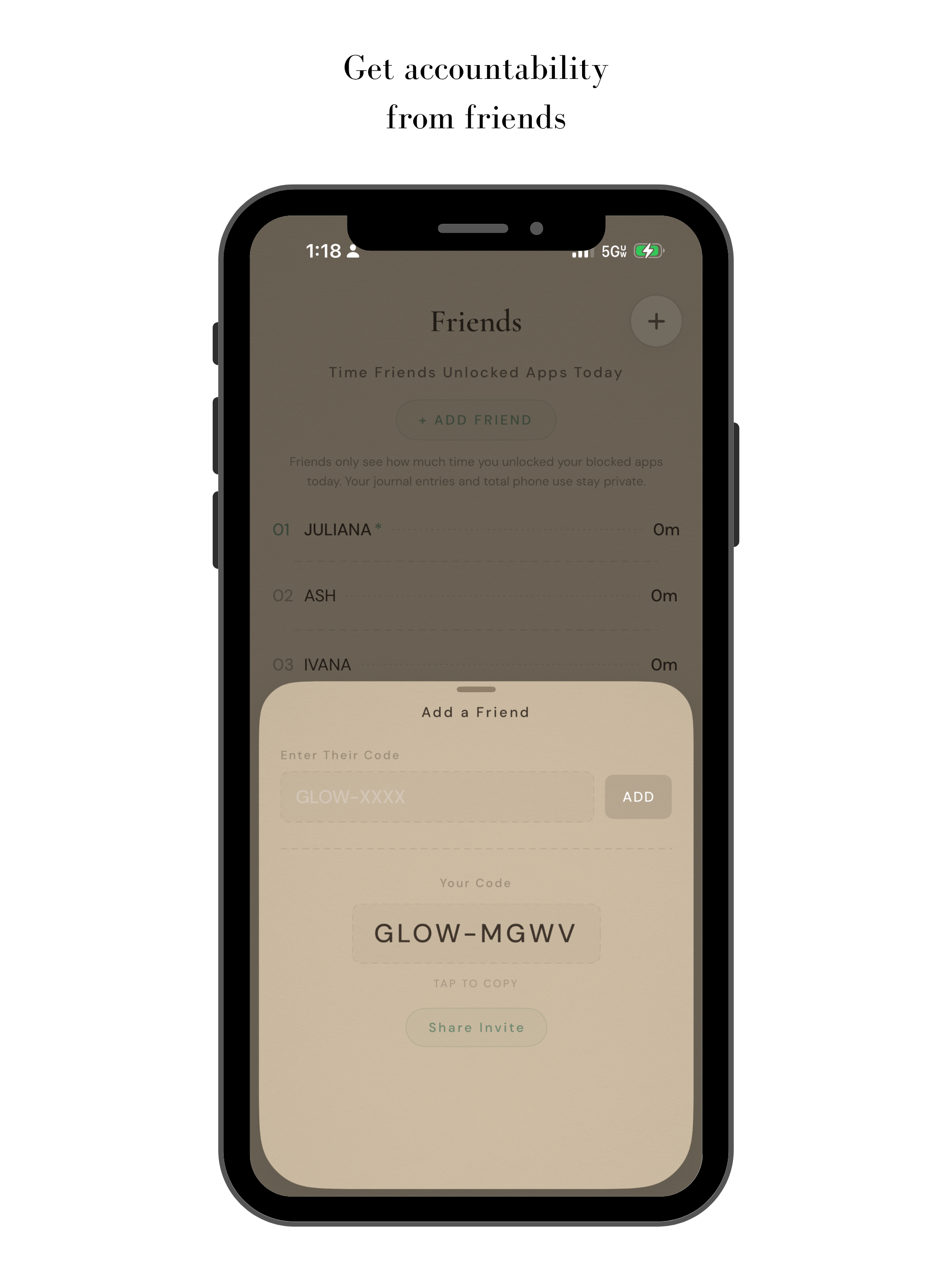 GlowLock friends leaderboard showing accountability partners