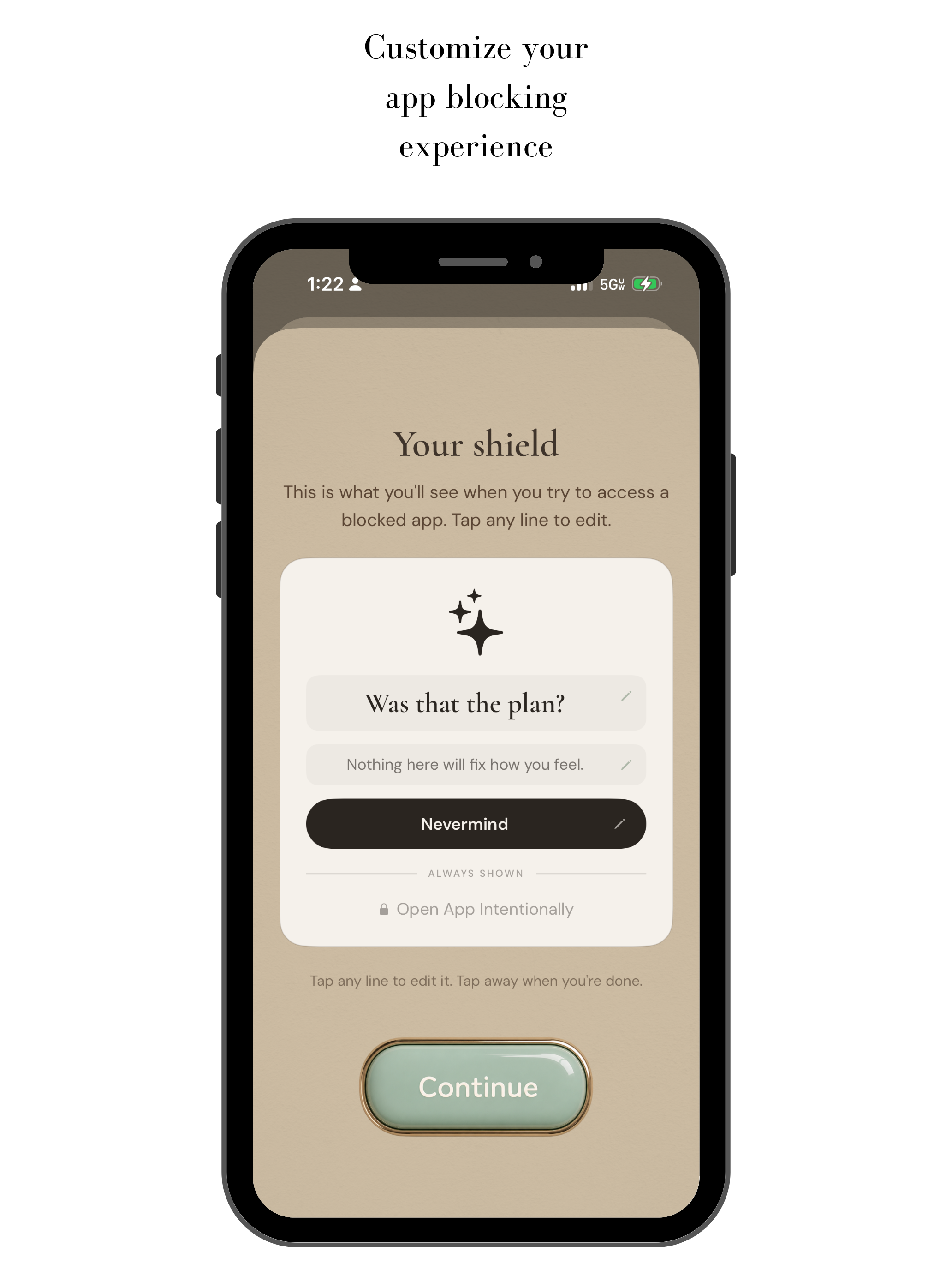 GlowLock customizable shield with prompts like 'Was that the plan?' and 'Nothing here will fix how you feel'